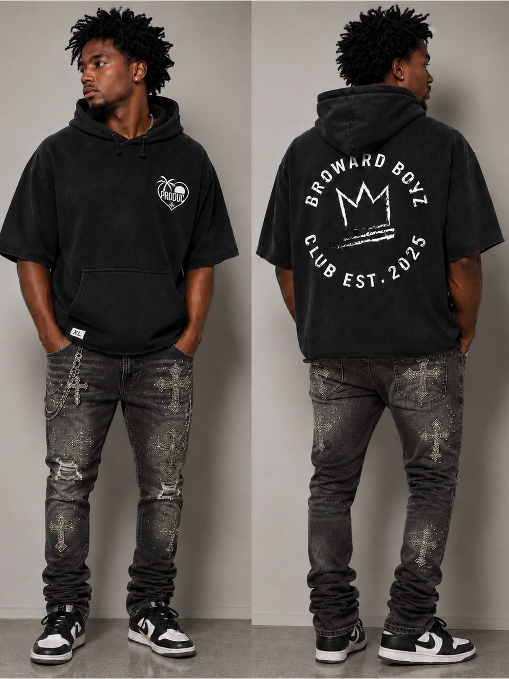 Black Short-Sleeve Pullover Hoodie with Graphic